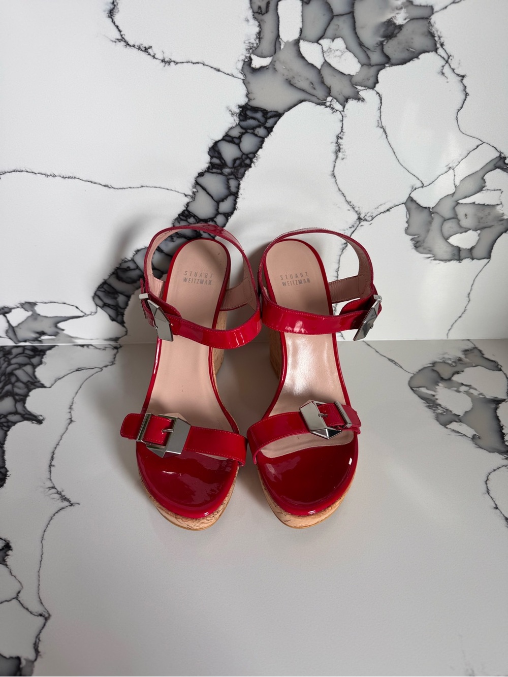 Stuart Weitzman Red Patent Leather Wedge Sandals with Silver Buckles